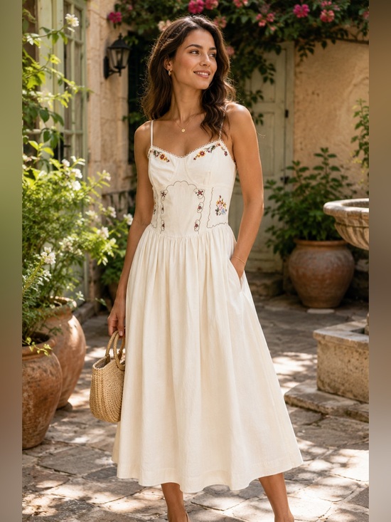 Camila Coelho Dresses & Skirts - New Camila Coelho Embroidered Linen Blend Midi Dress Ivory Cottagecore Large
